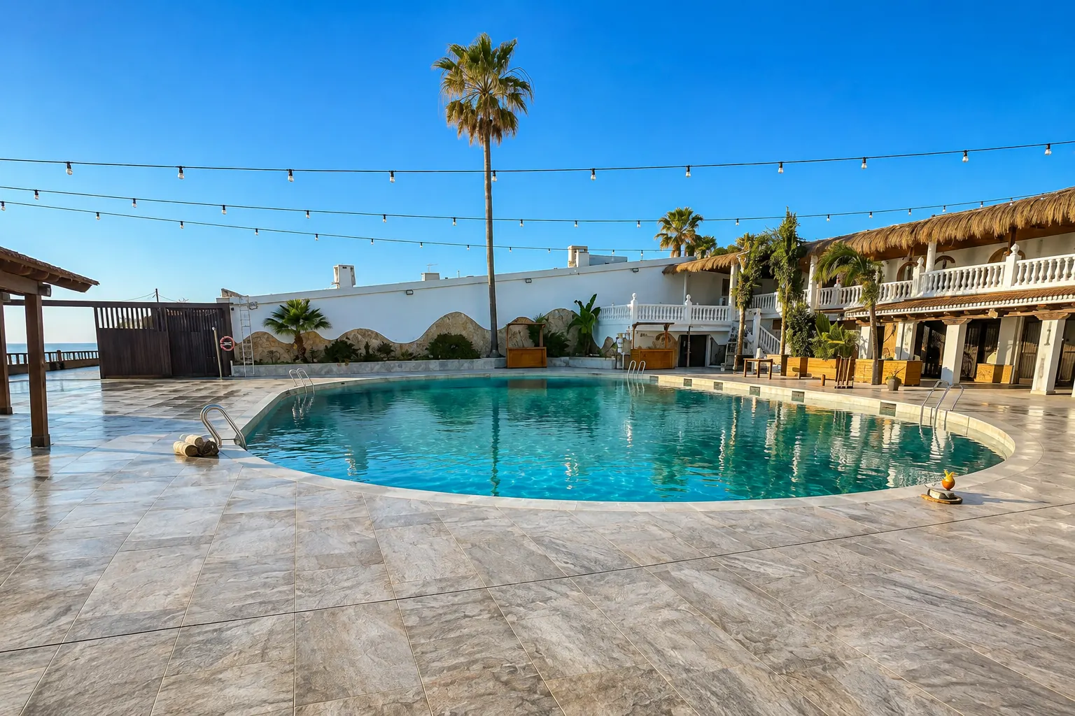 Piscina de hotel terminada por Dalpools en Málaga, con palmeras y solárium